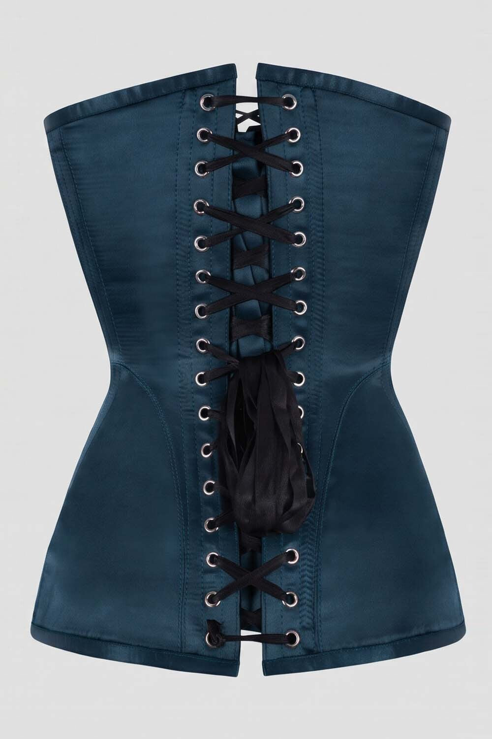 ASTER Overbust Waist-Training Corset in Blue Satin by Luxe Noir – back view