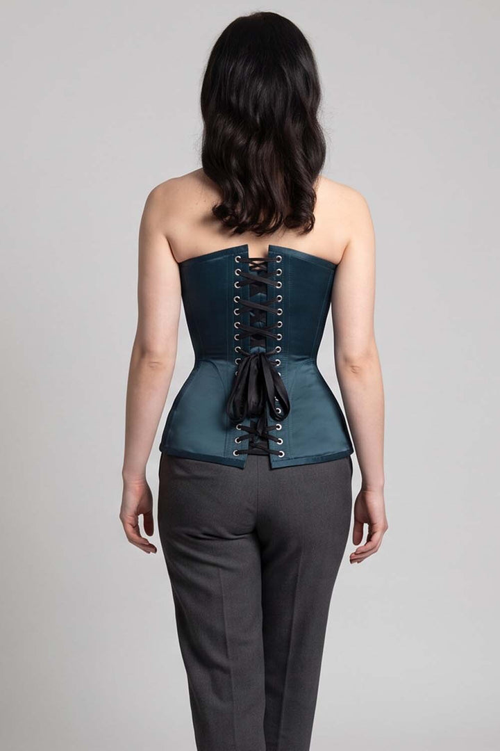 ASTER Overbust Waist-Training Corset in Blue Satin on model – back view