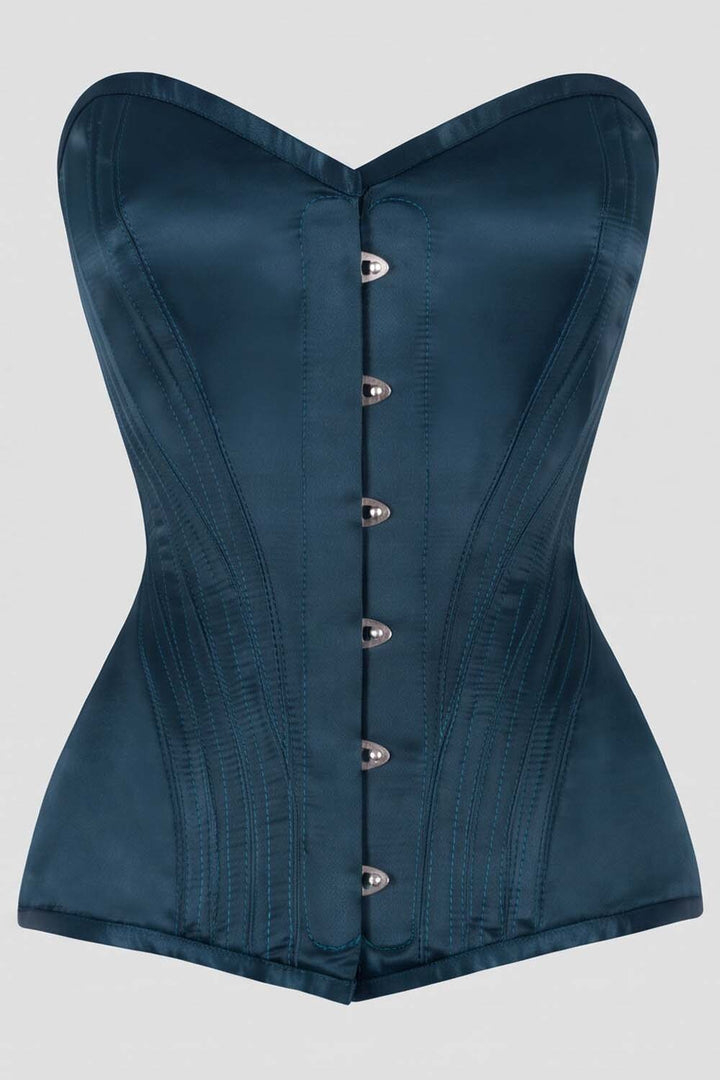 ASTER Overbust Waist-Training Corset in Blue Satin by Luxe Noir – front view