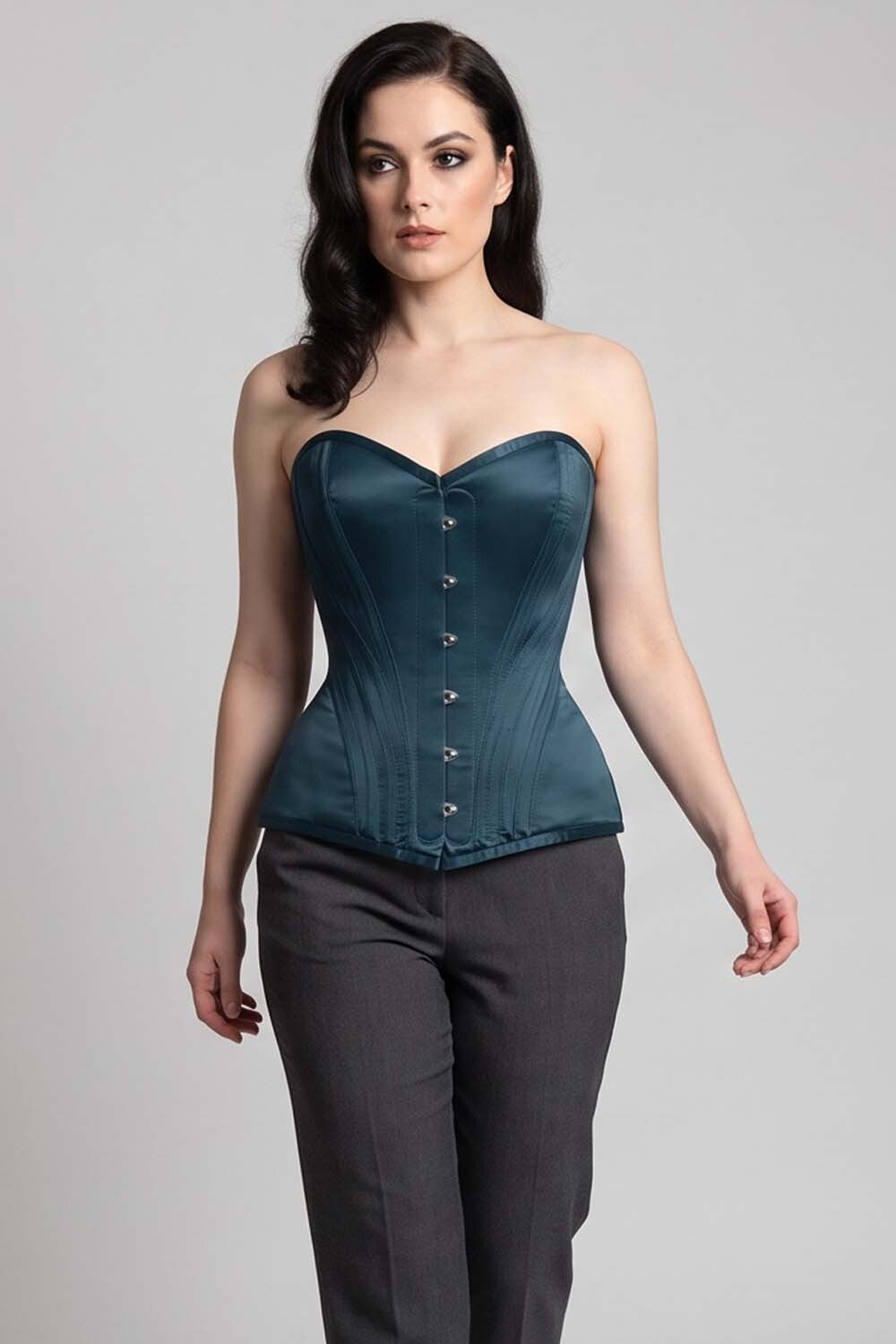 ASTER Overbust Waist-Training Corset in Blue Satin on model – front view
