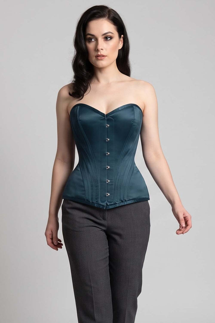 ASTER Overbust Waist-Training Corset in Blue Satin on model – front view