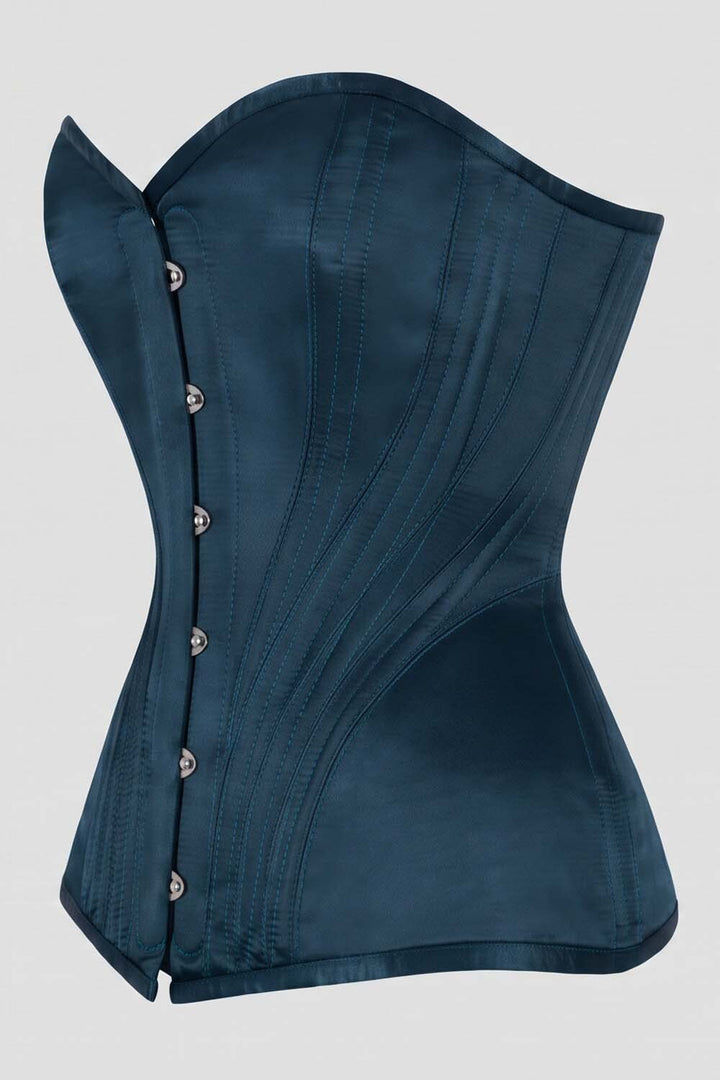 ASTER Overbust Waist-Training Corset in Blue Satin by Luxe Noir – side view