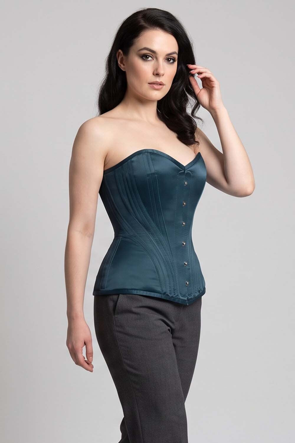 ASTER Overbust Waist-Training Corset in Blue Satin on model – side view