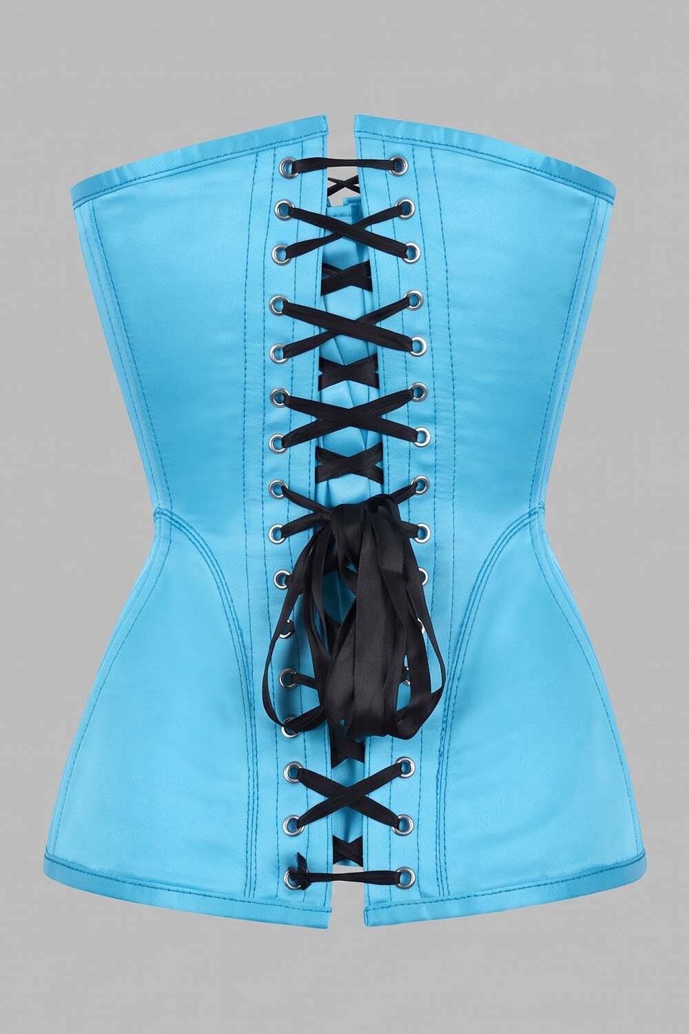 ASTER Overbust Waist-Training Corset in Cyan Blue Satin by Luxe Noir – back view