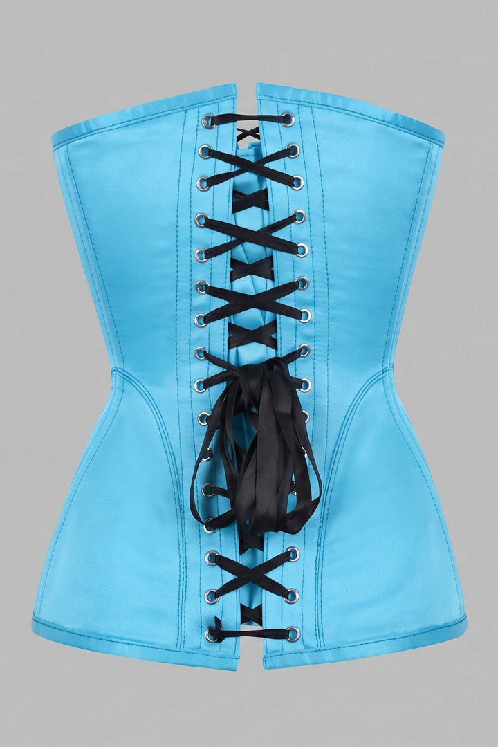 ASTER Overbust Waist-Training Corset in Cyan Blue Satin by Luxe Noir – back view