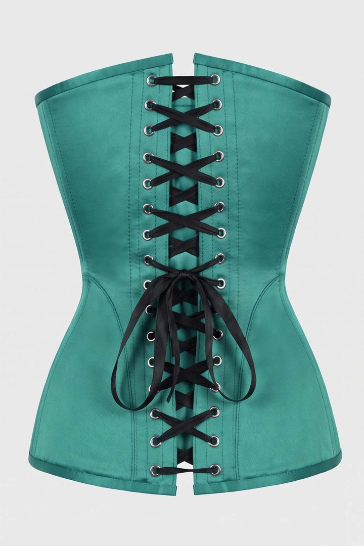 ASTER Overbust Waist-Training Corset in Green Satin by Luxe Noir – back view