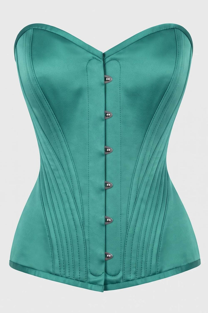 ASTER Overbust Waist-Training Corset in Green Satin by Luxe Noir – front view