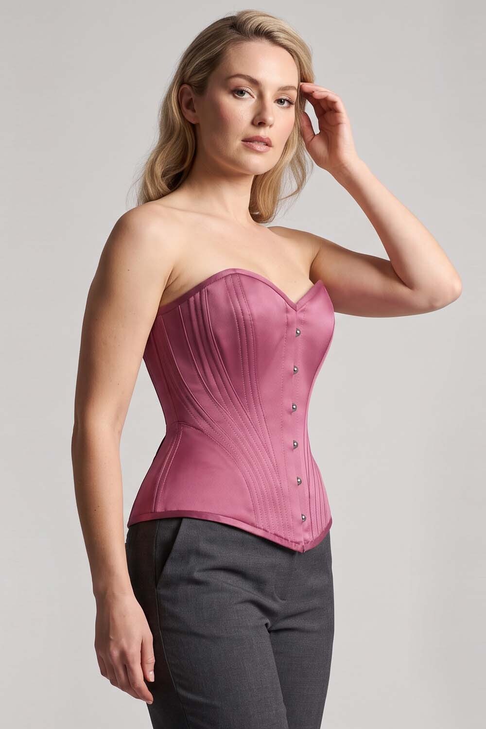 ASTER Overbust Waist-Training Corset in Rose Plum Satin on model – side view