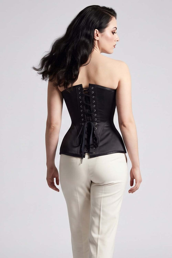 ASTER Overbust Waist-Training Corset in Black Satin on model – back view