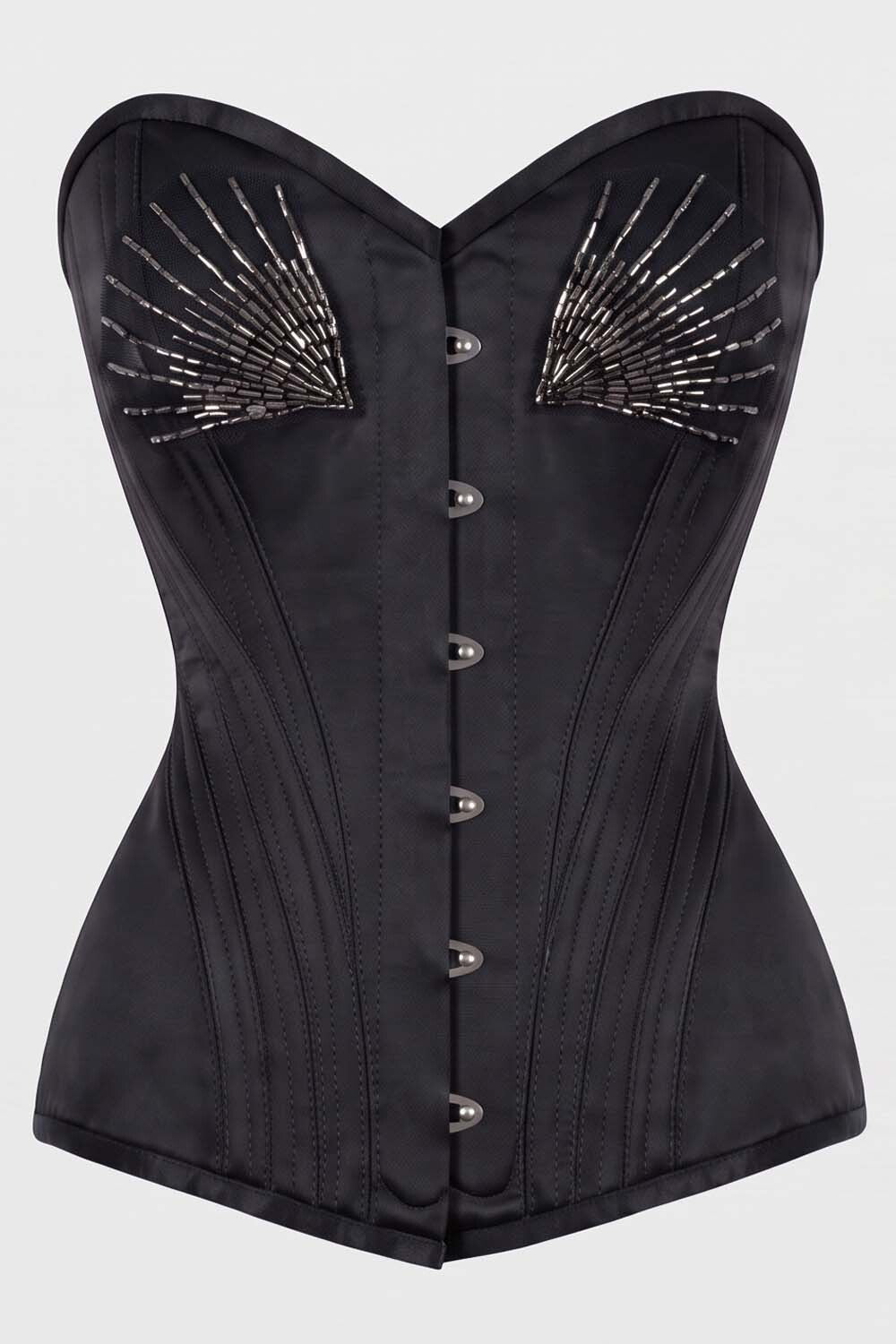 ASTER Overbust Waist-Training Corset in Black Satin by Luxe Noir – front view