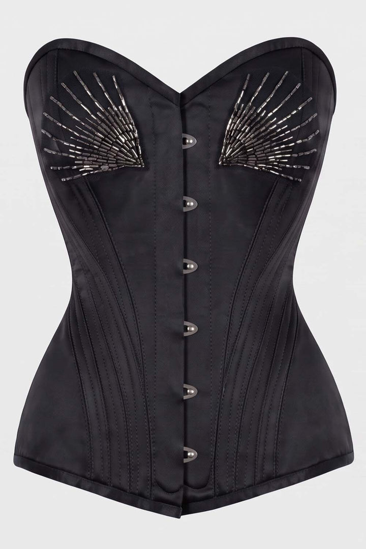 ASTER Overbust Waist-Training Corset in Black Satin by Luxe Noir – front view