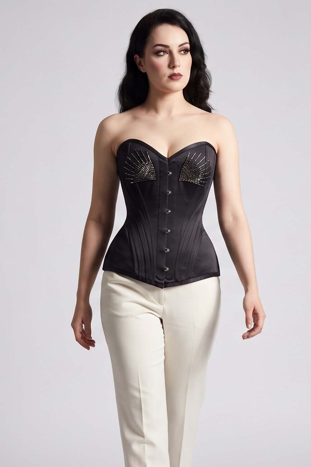 ASTER Overbust Waist-Training Corset in Black Satin on model – front view