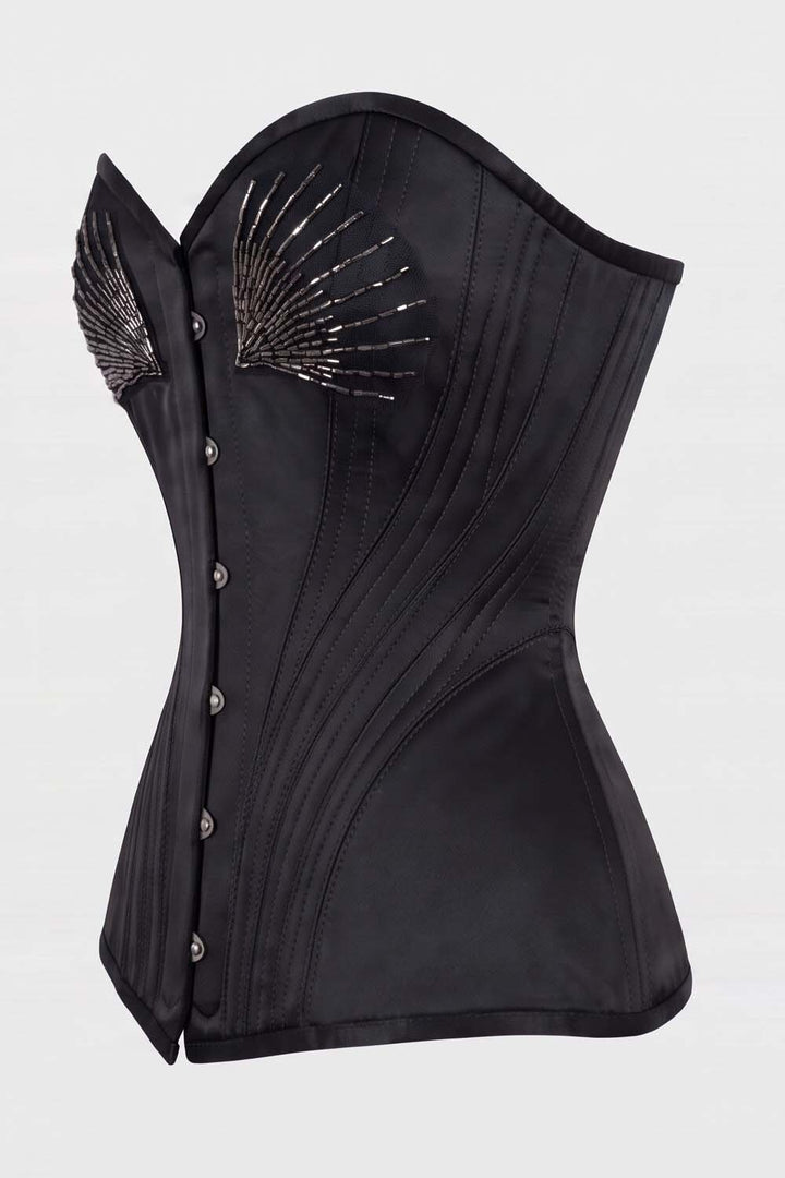ASTER Overbust Waist-Training Corset in Black Satin by Luxe Noir – side view