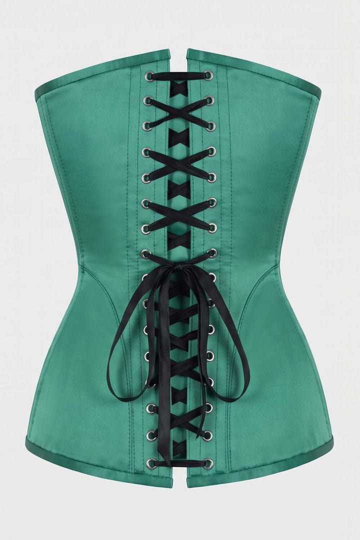 ASTER Overbust Waist-Training Corset in Green Satin by Luxe Noir – back view