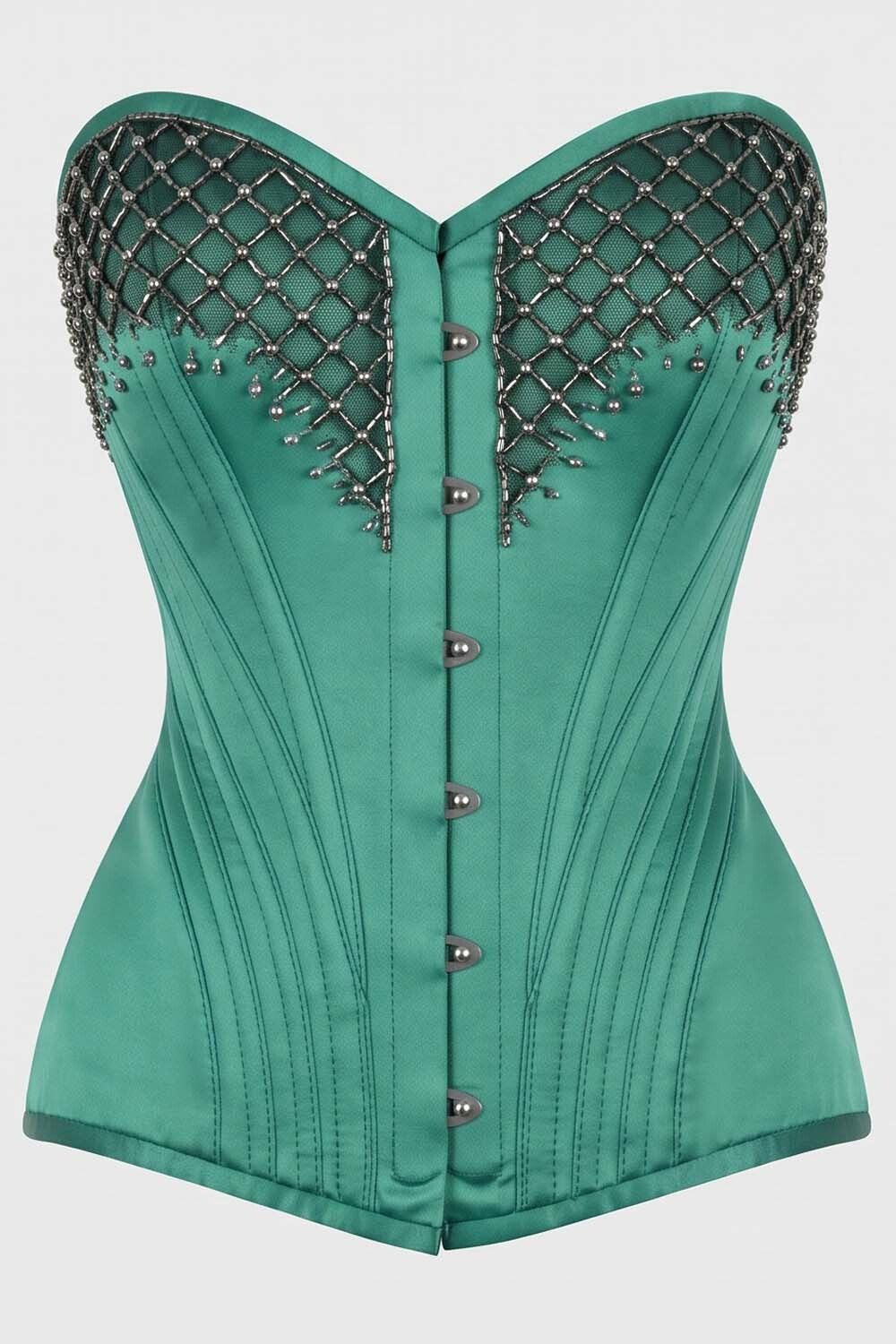 ASTER Overbust Waist-Training Corset in Green Satin by Luxe Noir – front view