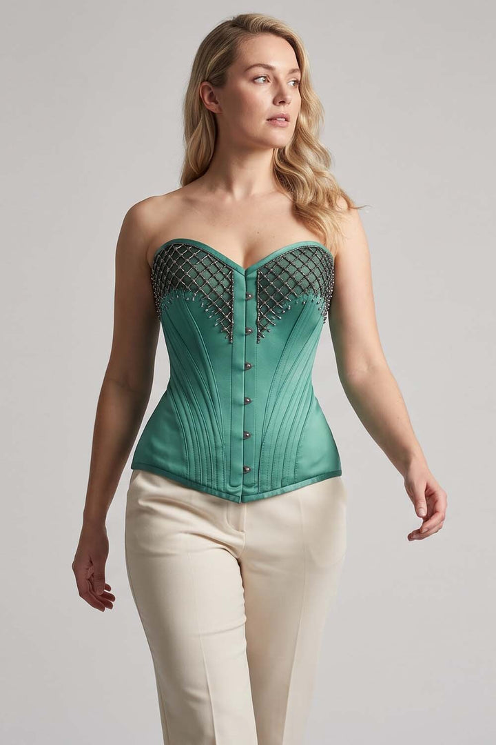 ASTER Overbust Waist-Training Corset in Green Satin on model – front view