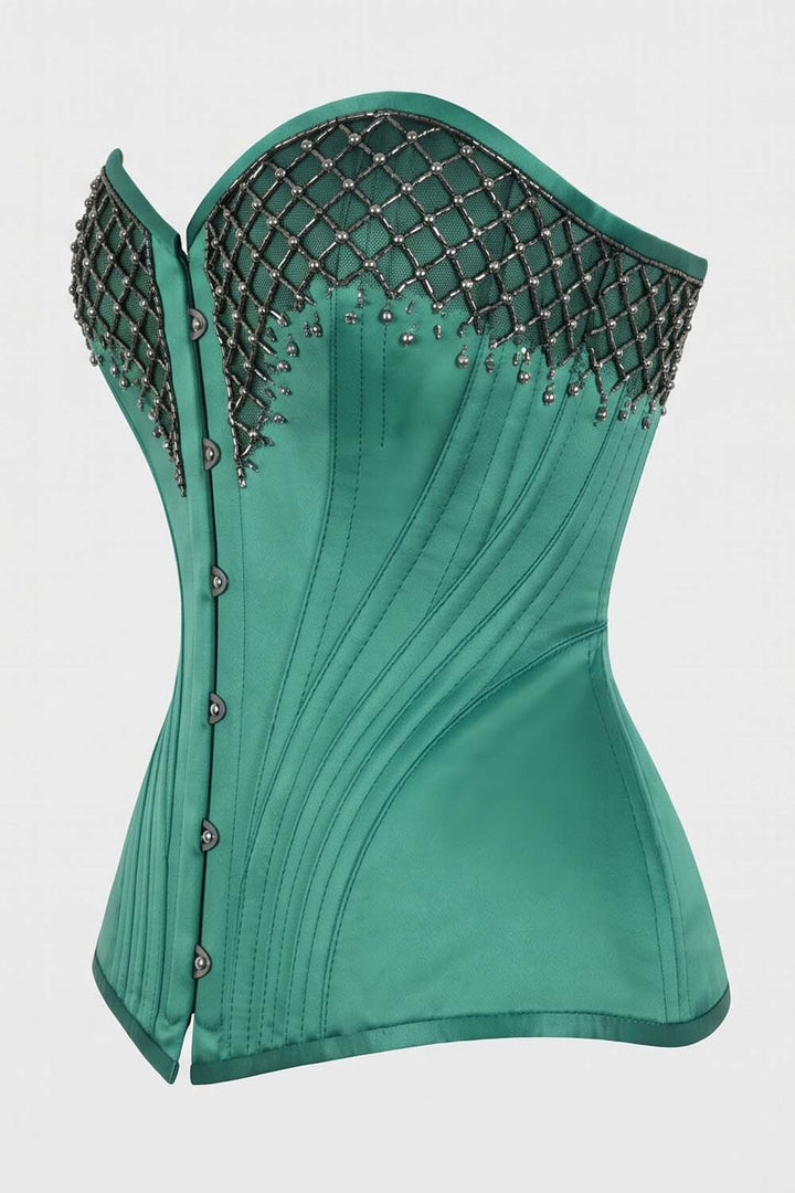 ASTER Overbust Waist-Training Corset in Green Satin by Luxe Noir – side view