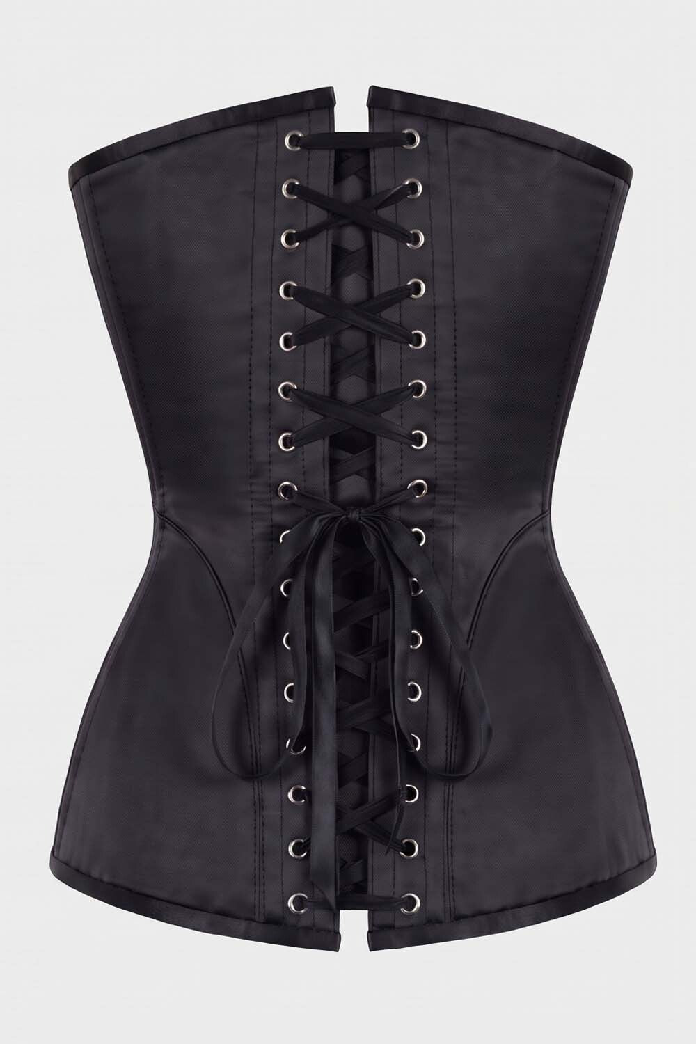 ASTER Overbust Waist-Training Corset in Black Satin by Luxe Noir – back view