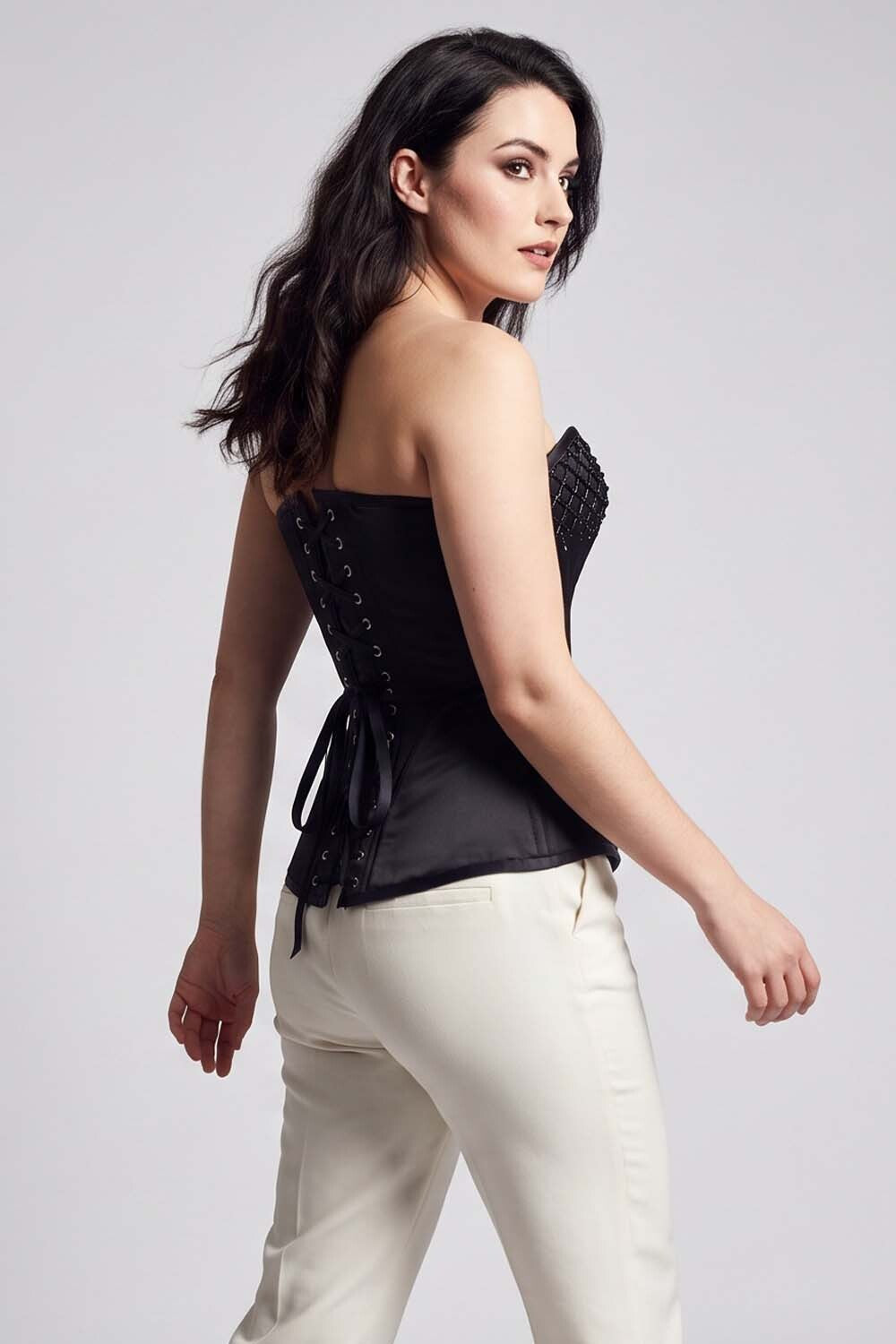 ASTER Overbust Waist-Training Corset in Black Satin on model – back view