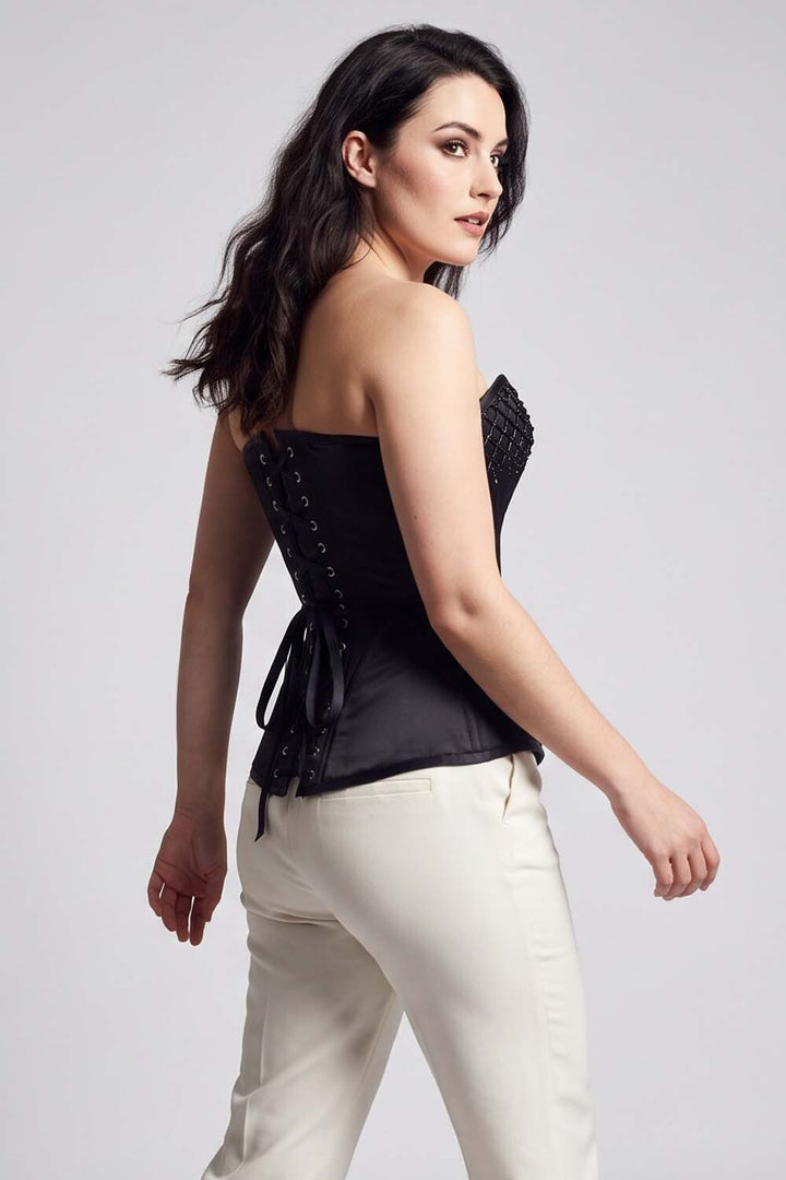 ASTER Overbust Waist-Training Corset in Black Satin on model – back view