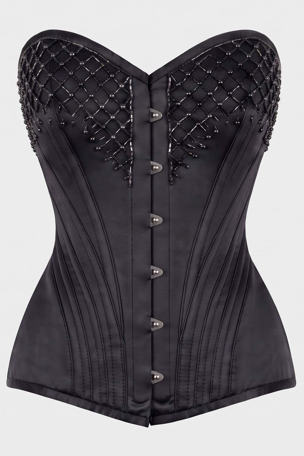 ASTER Overbust Waist-Training Corset in Black Satin by Luxe Noir – front view