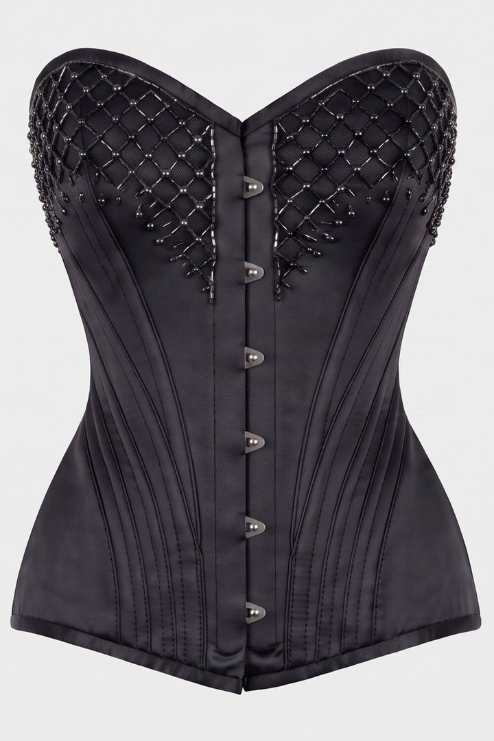 ASTER Overbust Waist-Training Corset in Black Satin by Luxe Noir – front view