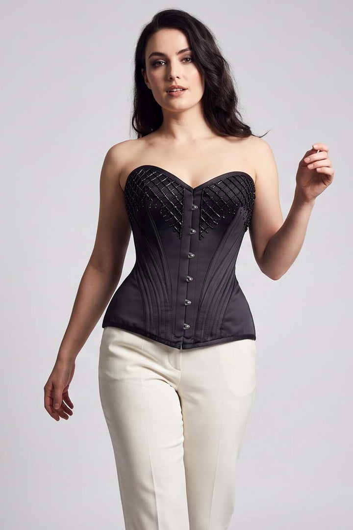 ASTER Overbust Waist-Training Corset in Black Satin on model – front view