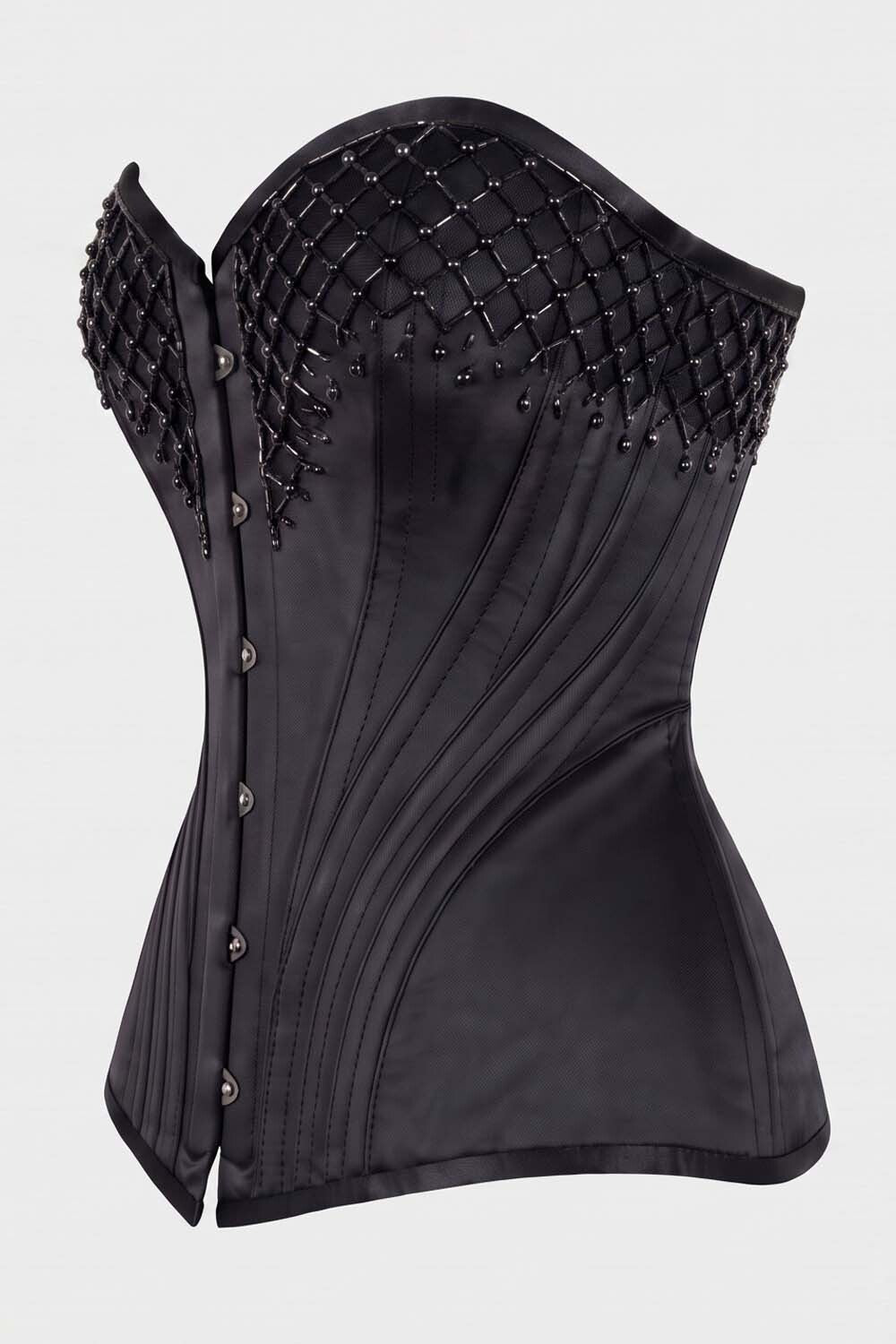 ASTER Overbust Waist-Training Corset in Black Satin by Luxe Noir – side view