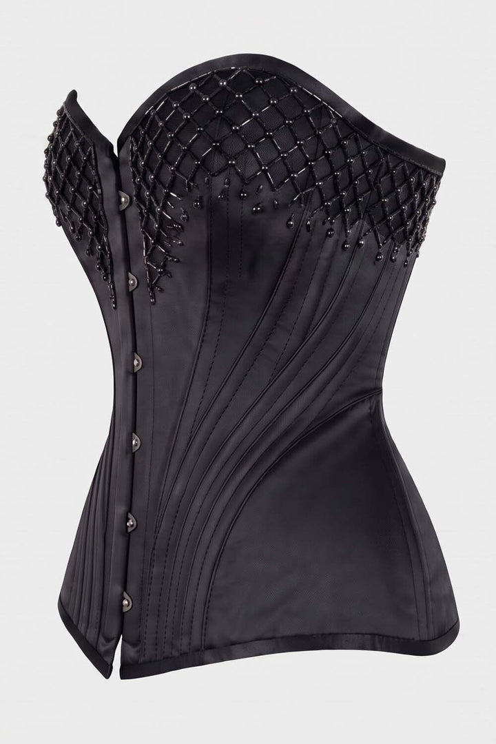 ASTER Overbust Waist-Training Corset in Black Satin by Luxe Noir – side view