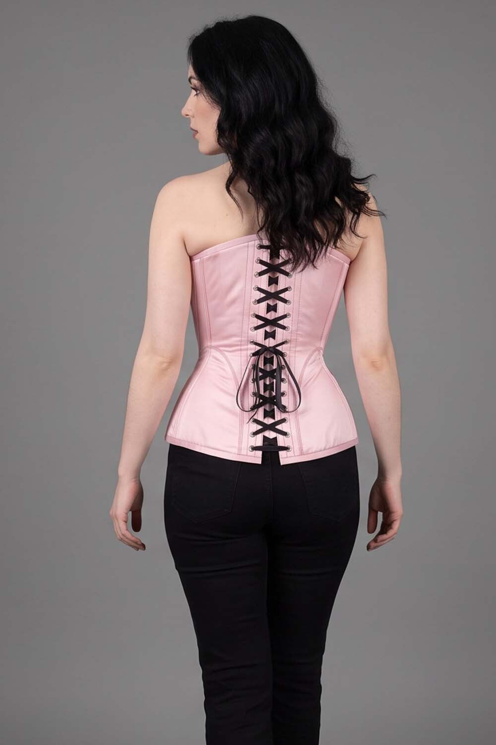 ASTER Overbust Waist-Training Corset in Pink Satin on model – back view