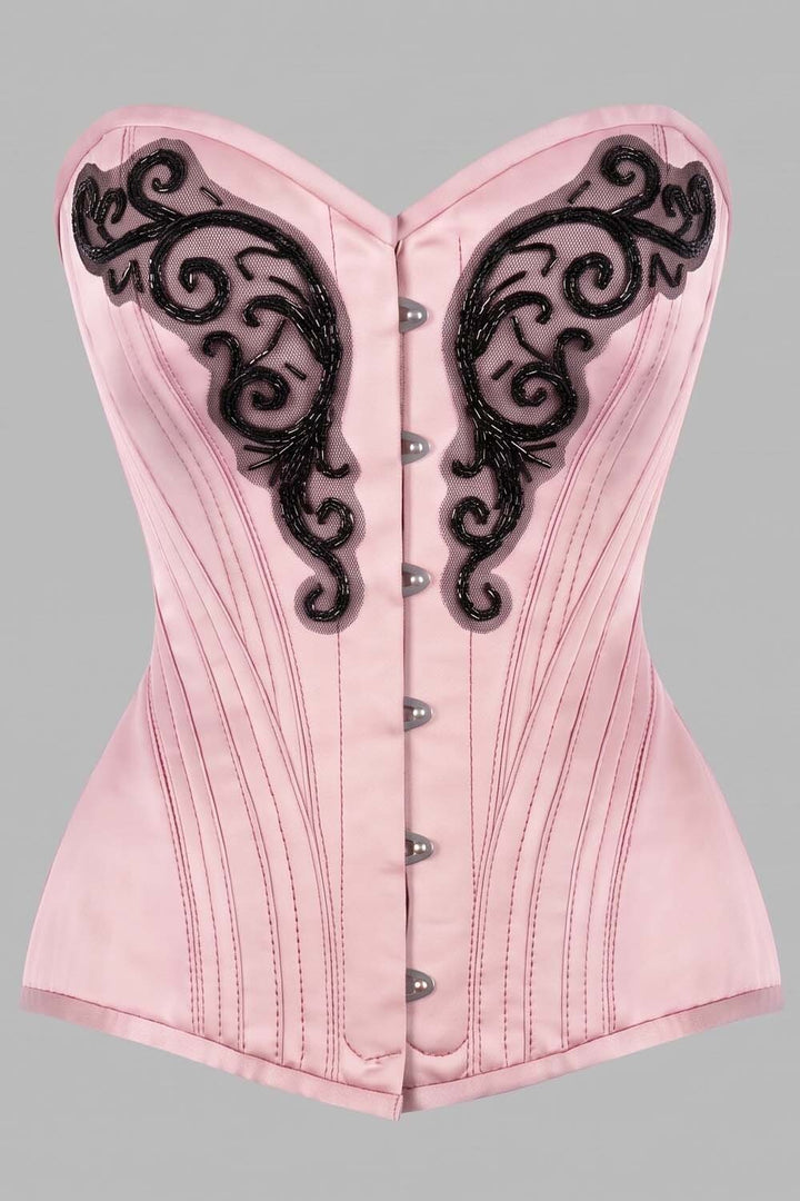 ASTER Overbust Waist-Training Corset in Pink Satin by Luxe Noir – front view