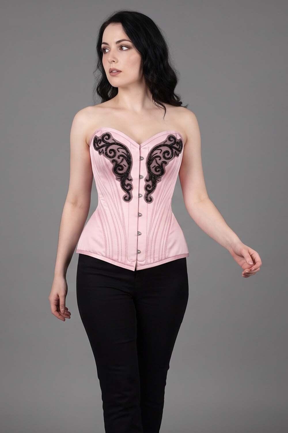 ASTER Overbust Waist-Training Corset in Pink Satin on model – front view