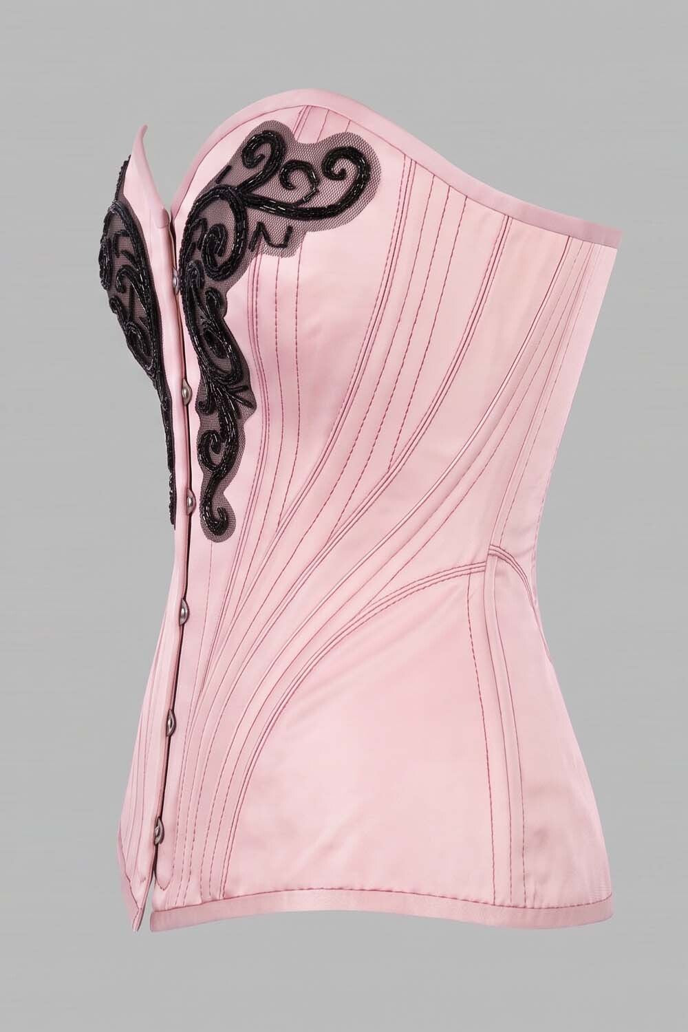 ASTER Overbust Waist-Training Corset in Pink Satin by Luxe Noir – side view