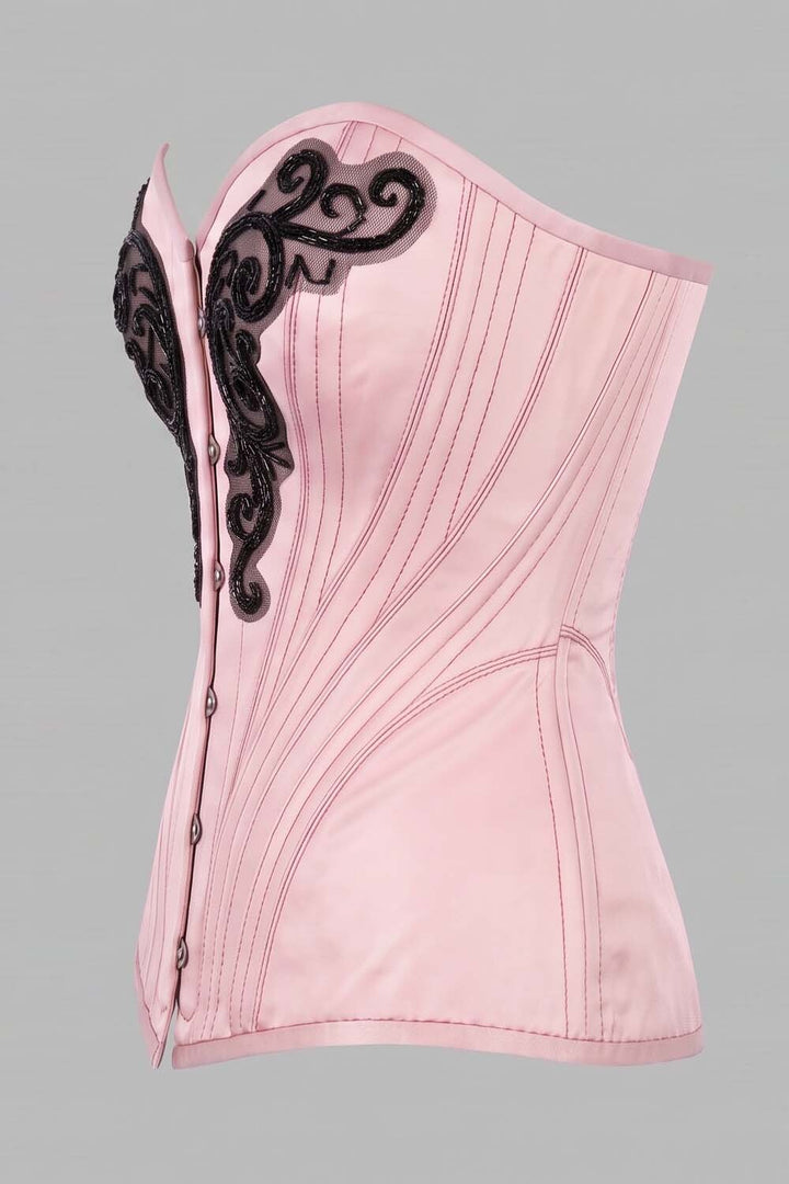 ASTER Overbust Waist-Training Corset in Pink Satin by Luxe Noir – side view