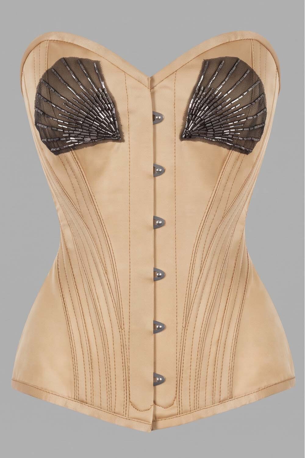 ASTER Overbust Waist-Training Corset in Champagne Satin by Luxe Noir – front view