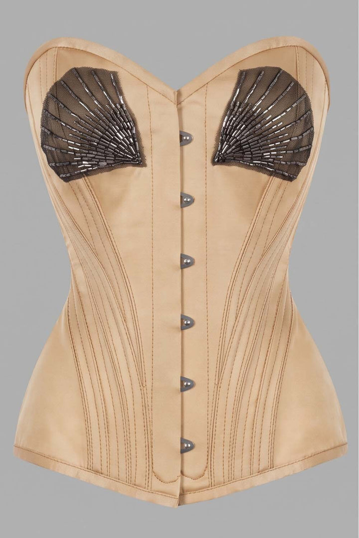 ASTER Overbust Waist-Training Corset in Champagne Satin by Luxe Noir – front view