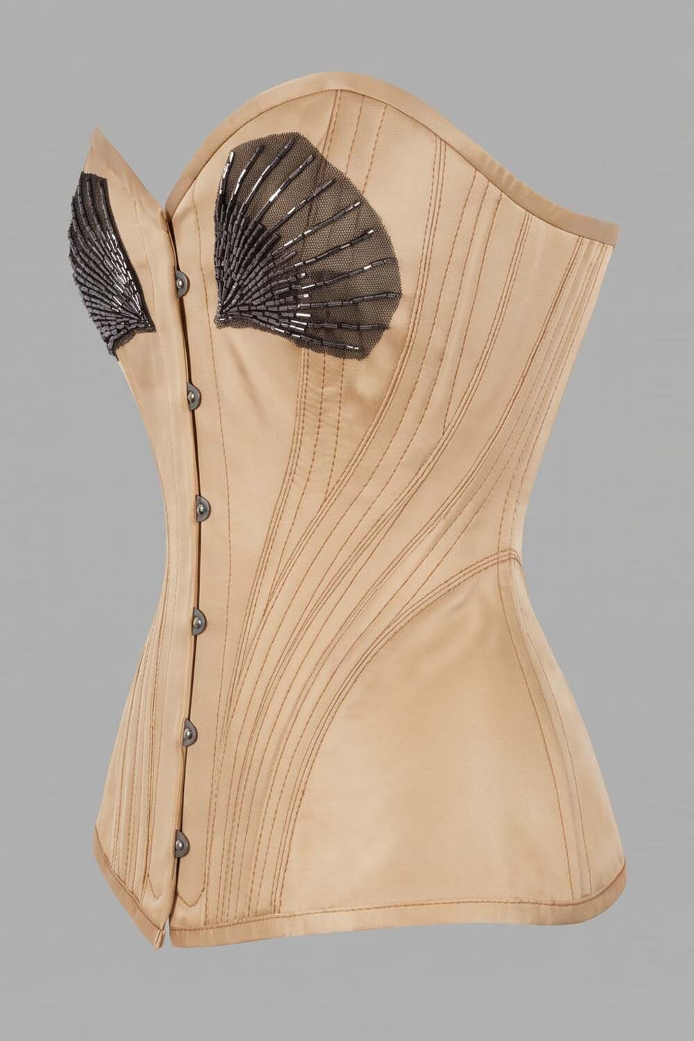 ASTER Overbust Waist-Training Corset in Champagne Satin by Luxe Noir – side view