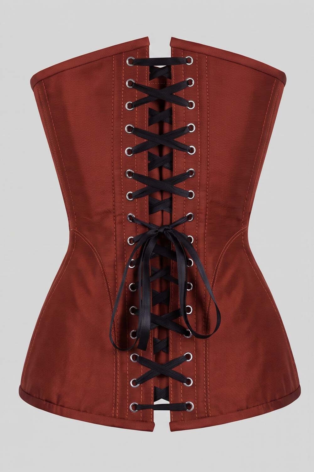 ASTER Overbust Waist-Training Corset in Rust Red Taffeta by Luxe Noir – back view