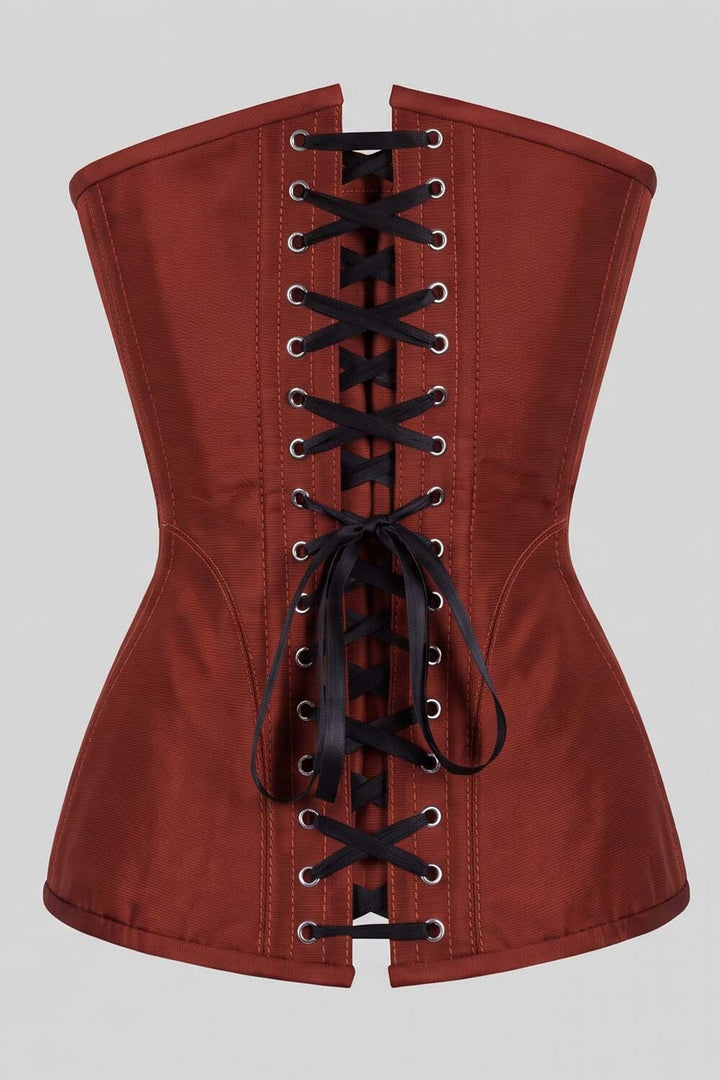 ASTER Overbust Waist-Training Corset in Rust Red Taffeta by Luxe Noir – back view