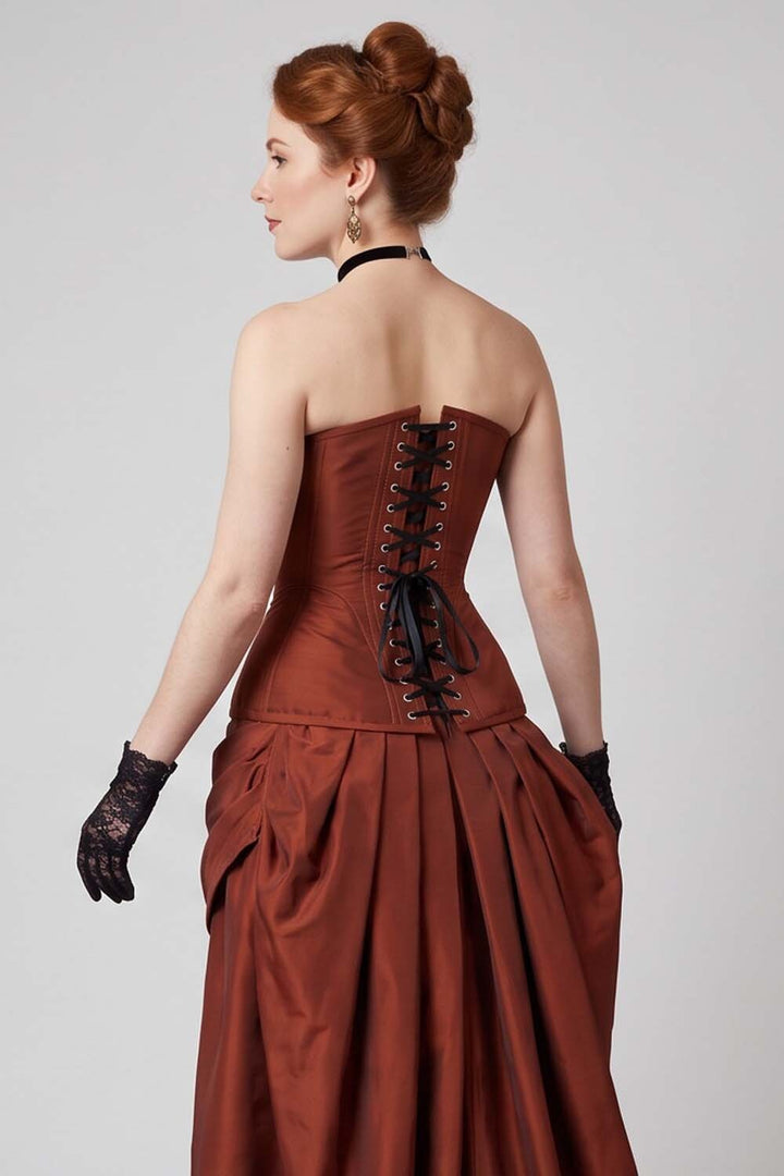 ASTER Overbust Waist-Training Corset in Rust Red Taffeta on model – back view