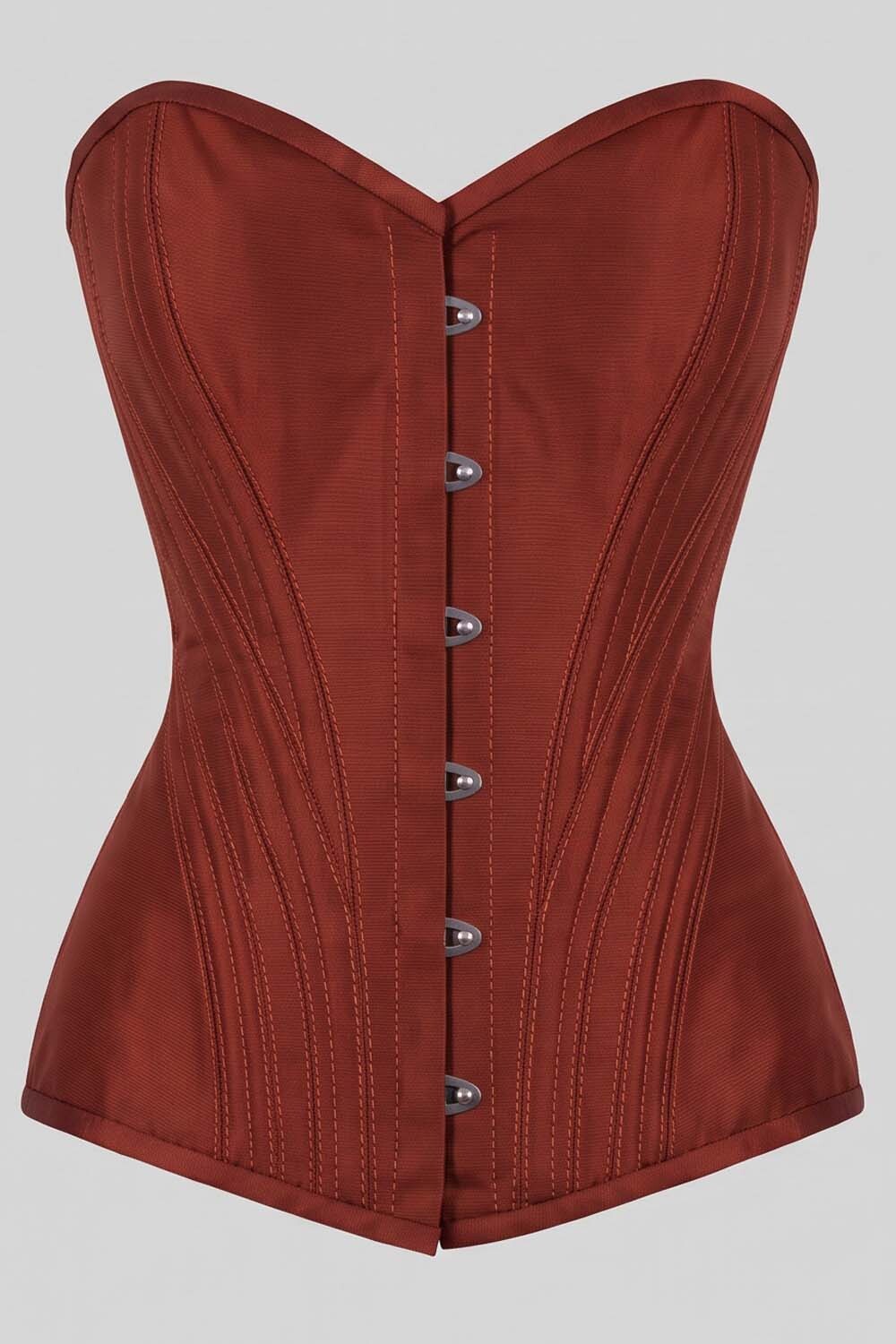 ASTER Overbust Waist-Training Corset in Rust Red Taffeta by Luxe Noir – front view