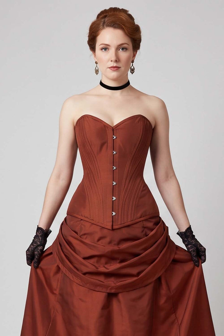 ASTER Overbust Waist-Training Corset in Rust Red Taffeta on model – front view