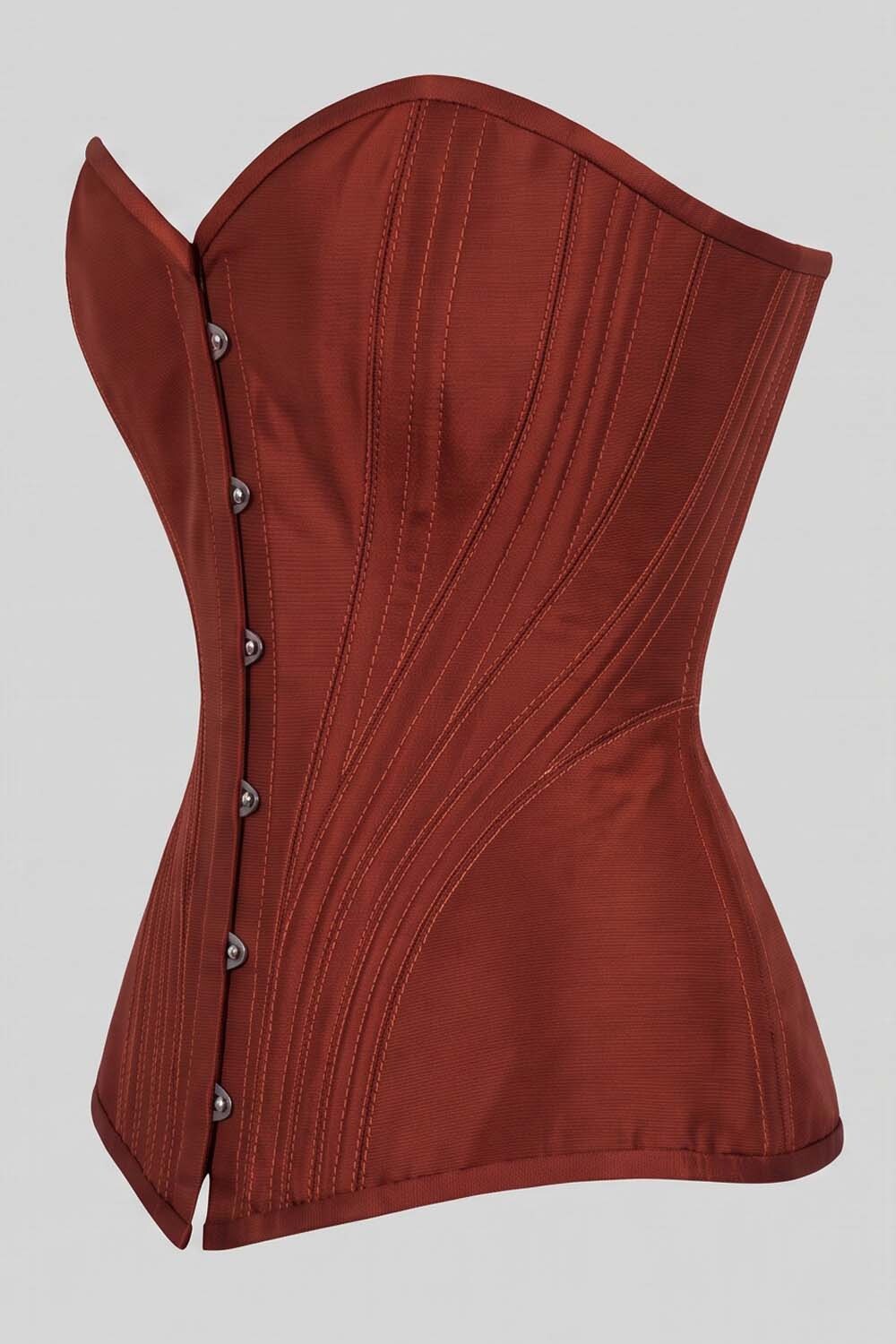 ASTER Overbust Waist-Training Corset in Rust Red Taffeta by Luxe Noir – side view
