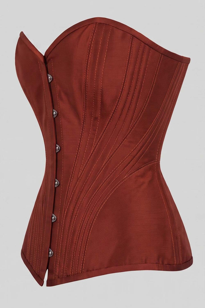 ASTER Overbust Waist-Training Corset in Rust Red Taffeta by Luxe Noir – side view