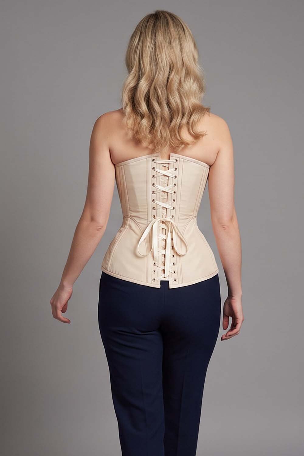 ASTER Overbust Waist-Training Corset in Cream Taffeta on model – back view