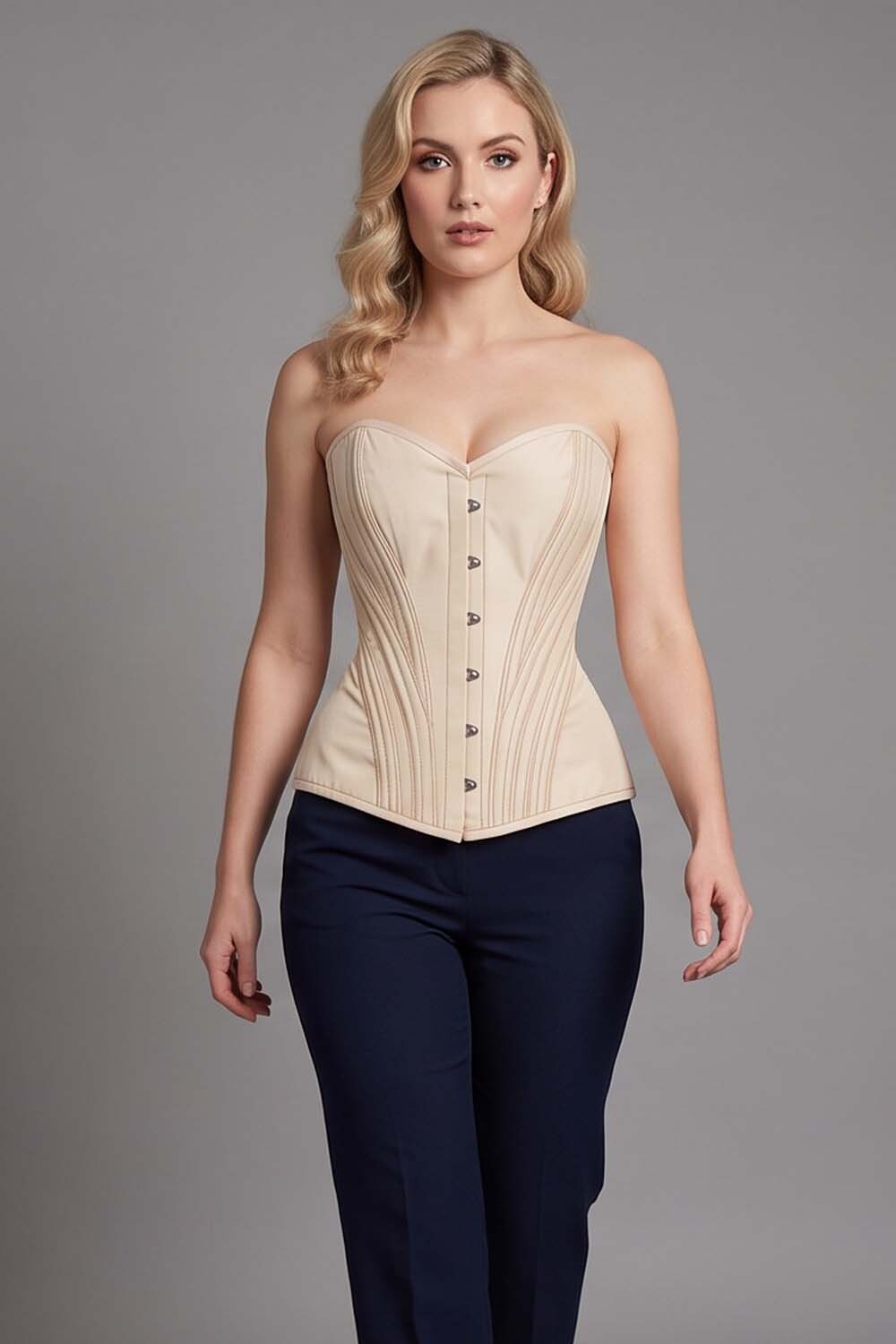 ASTER Overbust Waist-Training Corset in Cream Taffeta on model – front view