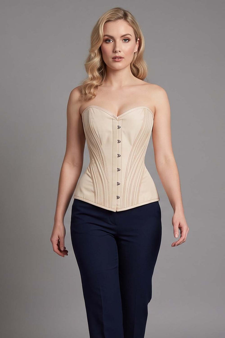 ASTER Overbust Waist-Training Corset in Cream Taffeta on model – front view