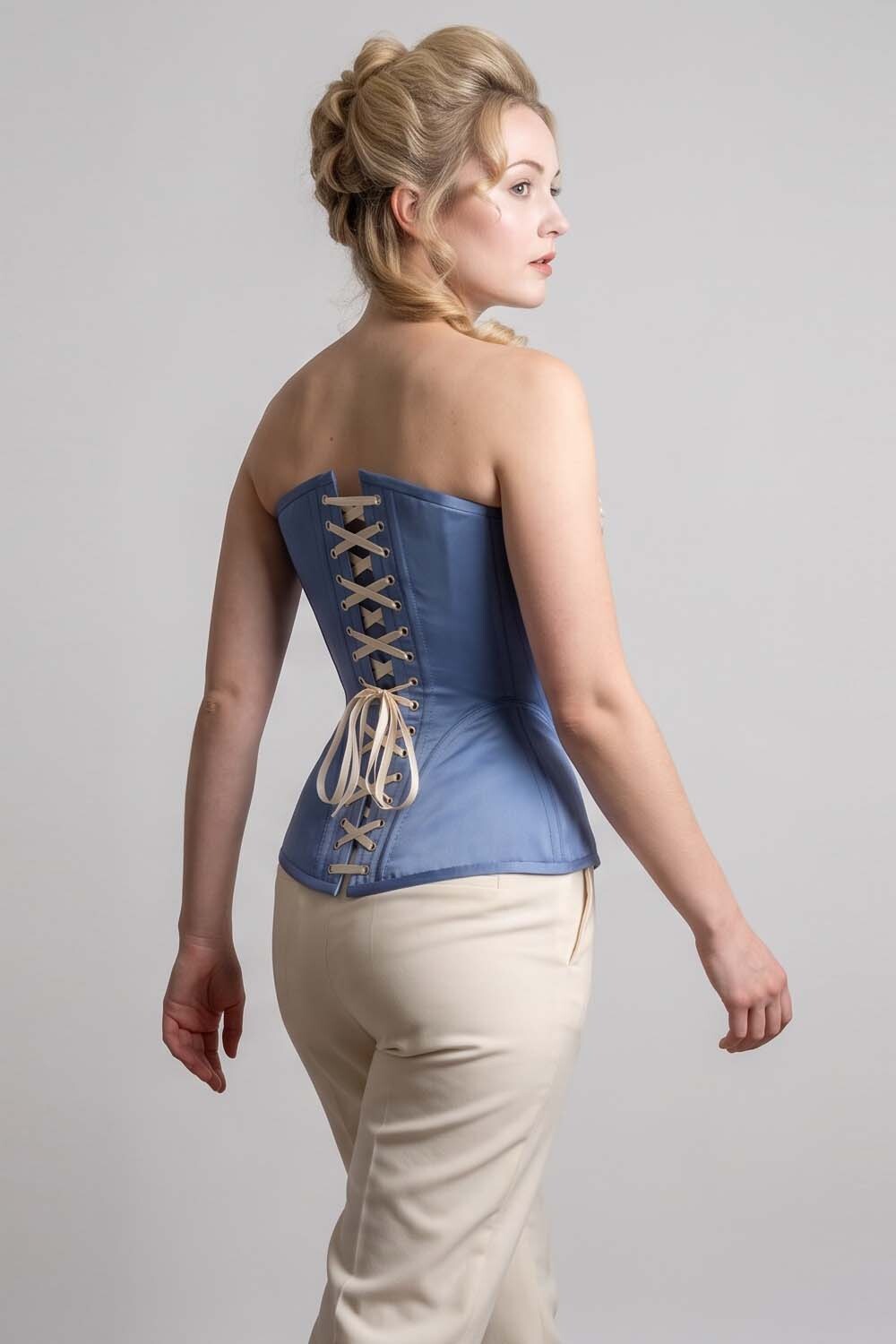 ASTER Overbust Waist-Training Corset in Wedgwood Blue Taffeta on model – back view