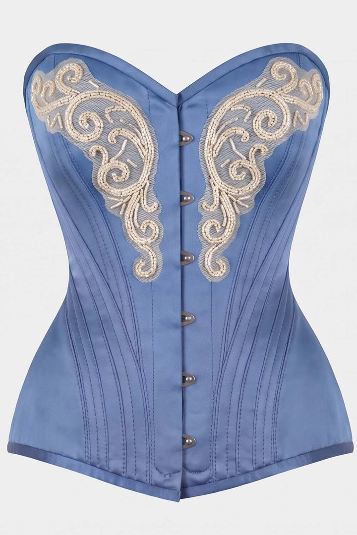 ASTER Overbust Waist-Training Corset in Wedgwood Blue Taffeta by Luxe Noir – front view