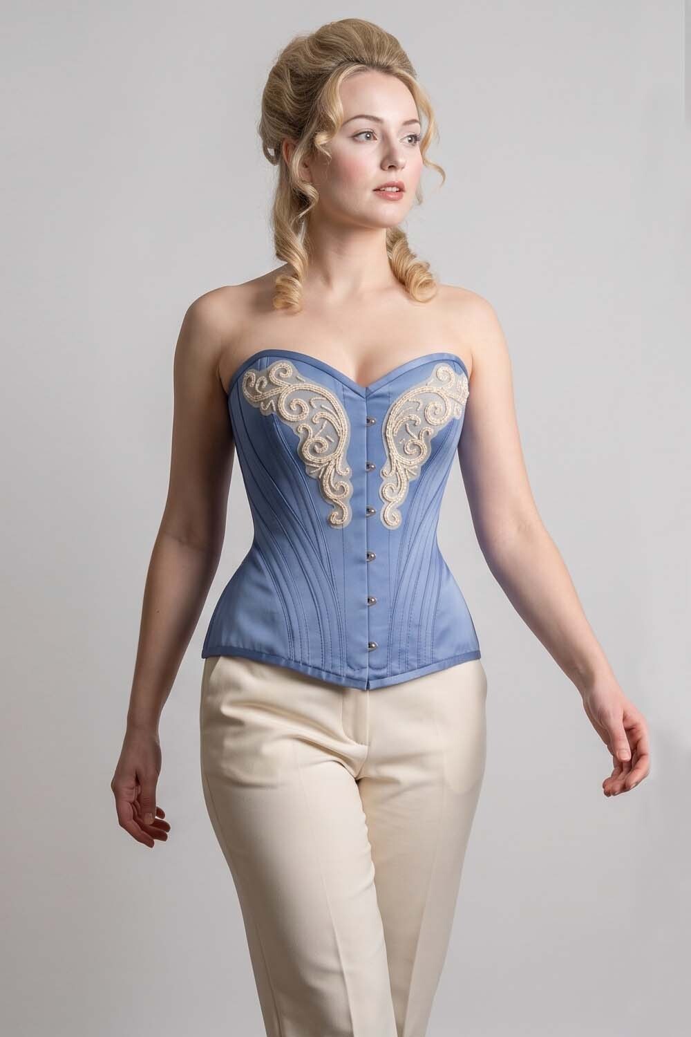 ASTER Overbust Waist-Training Corset in Wedgwood Blue Taffeta on model – front view